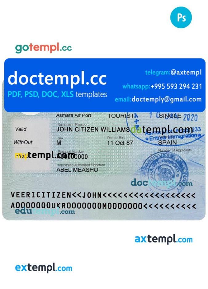 Eritrea entry visa PSD template, with fonts