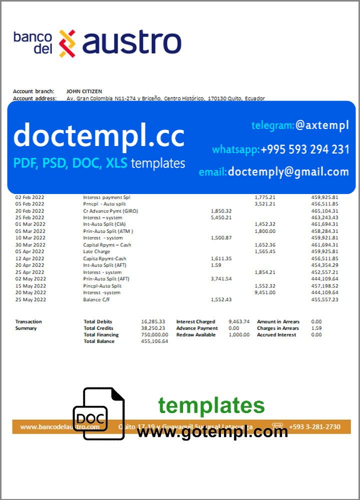 Ecuador Banco del Austro proof of address bank statement template in Word and PDF format