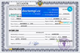 Ecuador vital record death certificate PSD template, completely editable