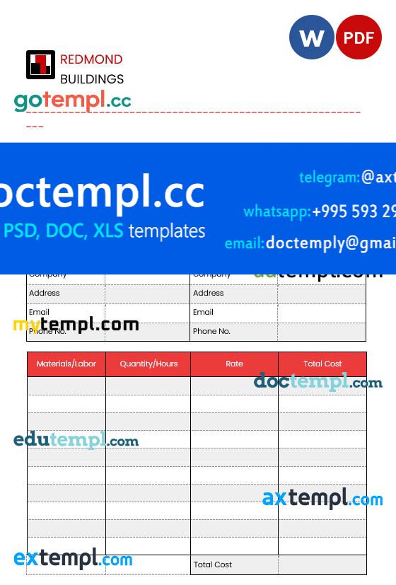 Editable Construction Invoice template in word and pdf format