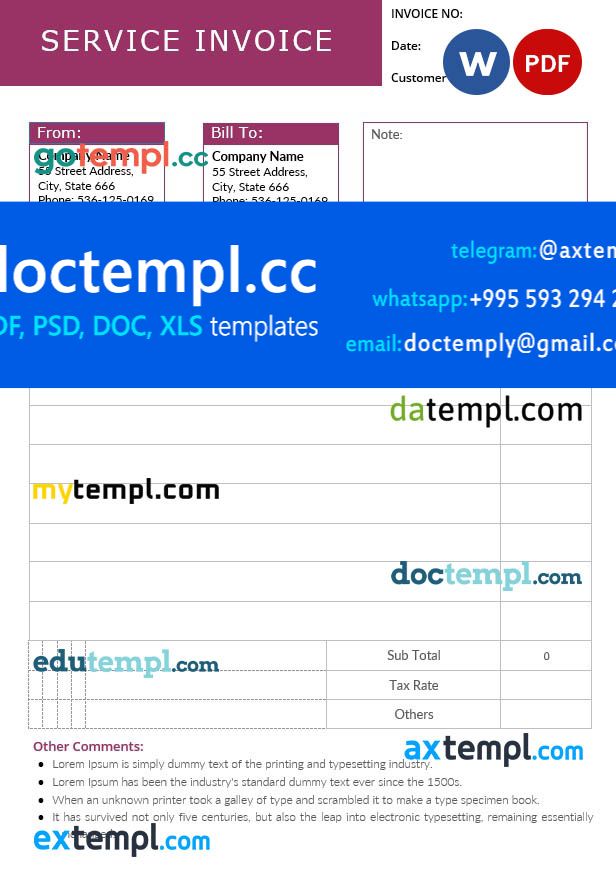 Editable Service Invoice template in word and pdf format