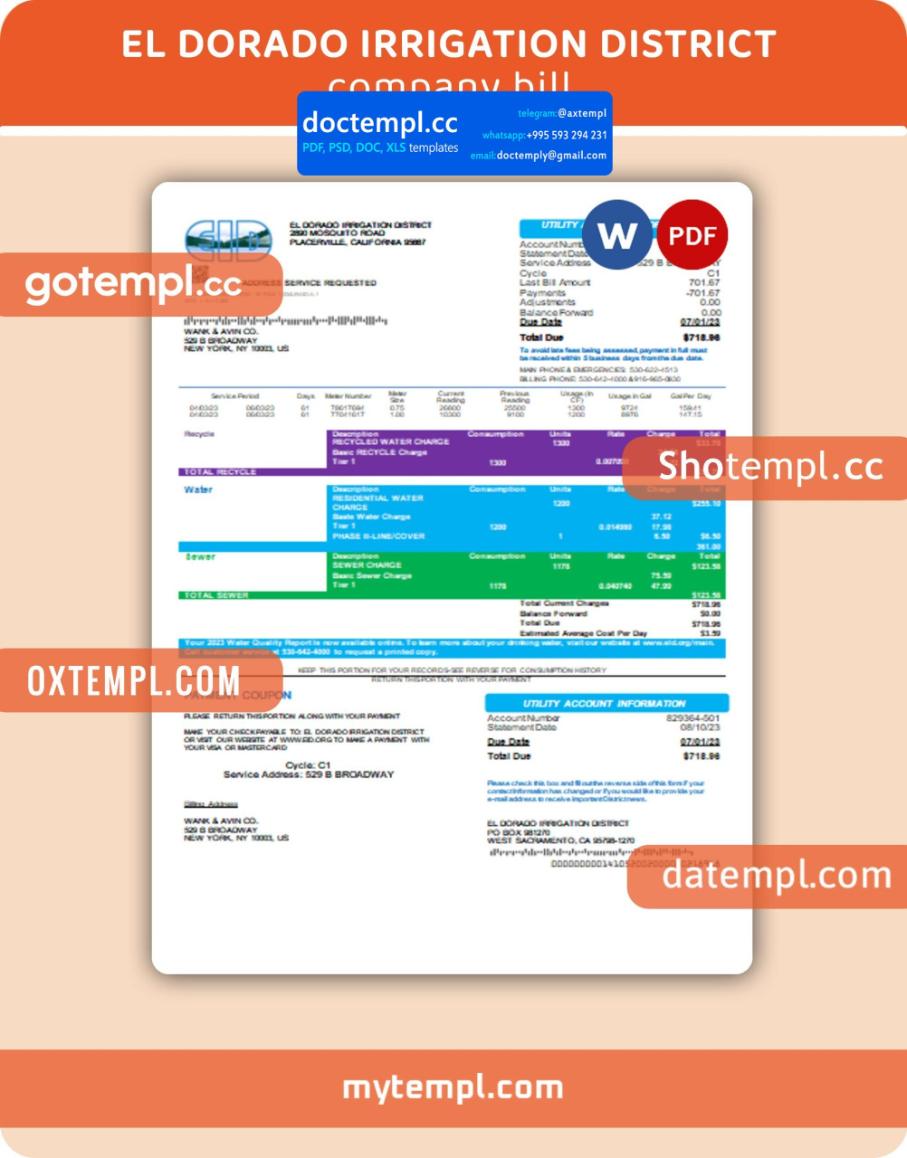 El Dorado Irrigation District business utility bill, PDF and WORD template