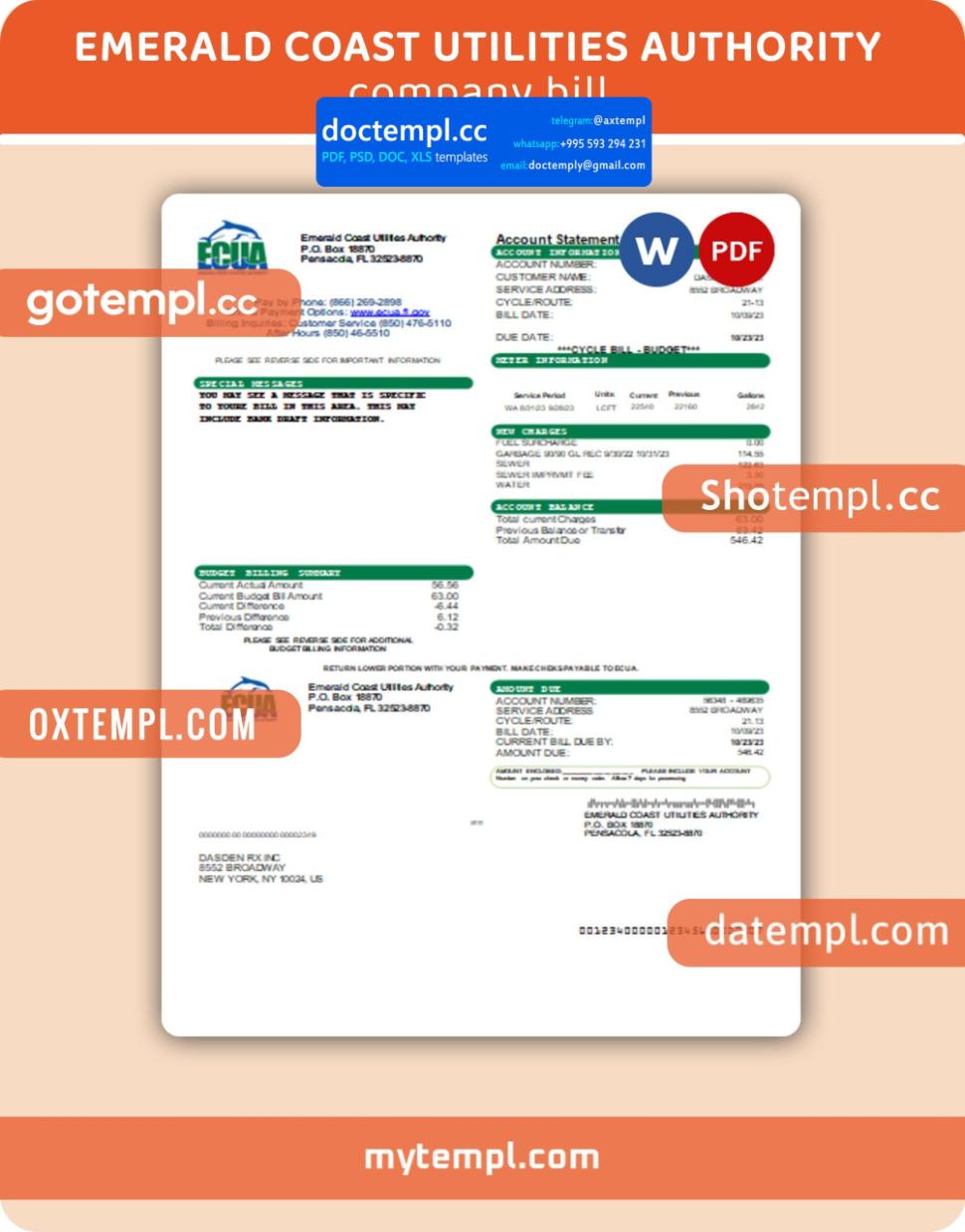 Emerald Coast Utilities Authority (ECUA) business utility bill, Word and PDF template, 4 pages, version 3
