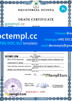 Equatorial Guinea death certificate PSD template, completely editable