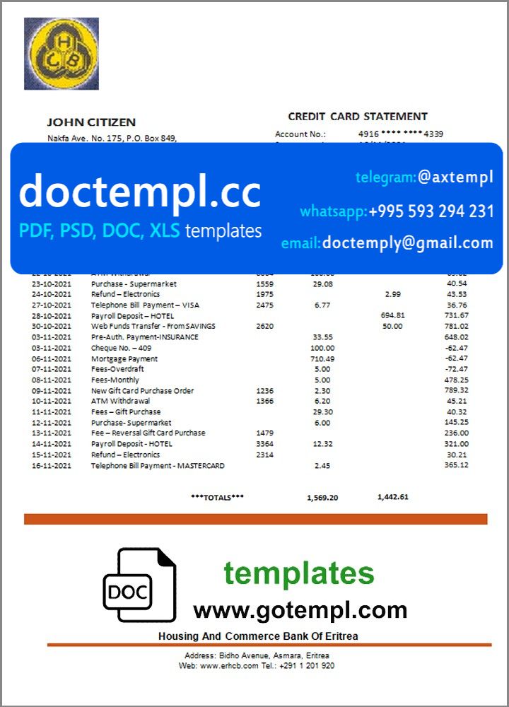 Eritrea Housing and Commerce bank statement template in Word and PDF format