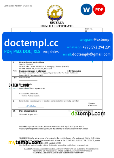 Eritrea vital record death certificate Word and PDF template - Birth Certificate Legalization In Eritrea