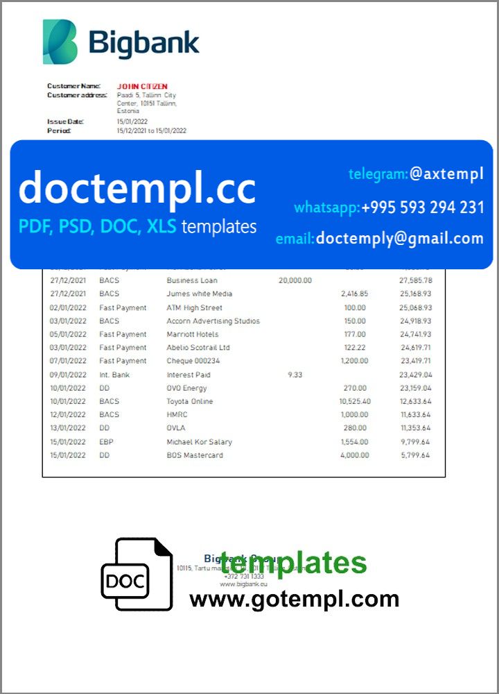 Estonia Bigbank proof of address bank statement template in Word and PDF format,(.doc and .pdf)