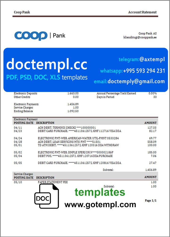 Estonia Coop Pank proof of address bank statement template in Word and PDF format,(.doc and .pdf)