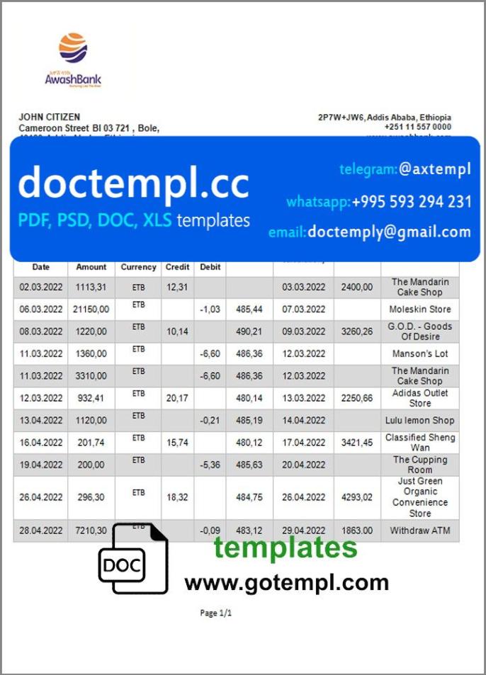 Ethiopia Awash proof of address bank statement template in Word and PDF format