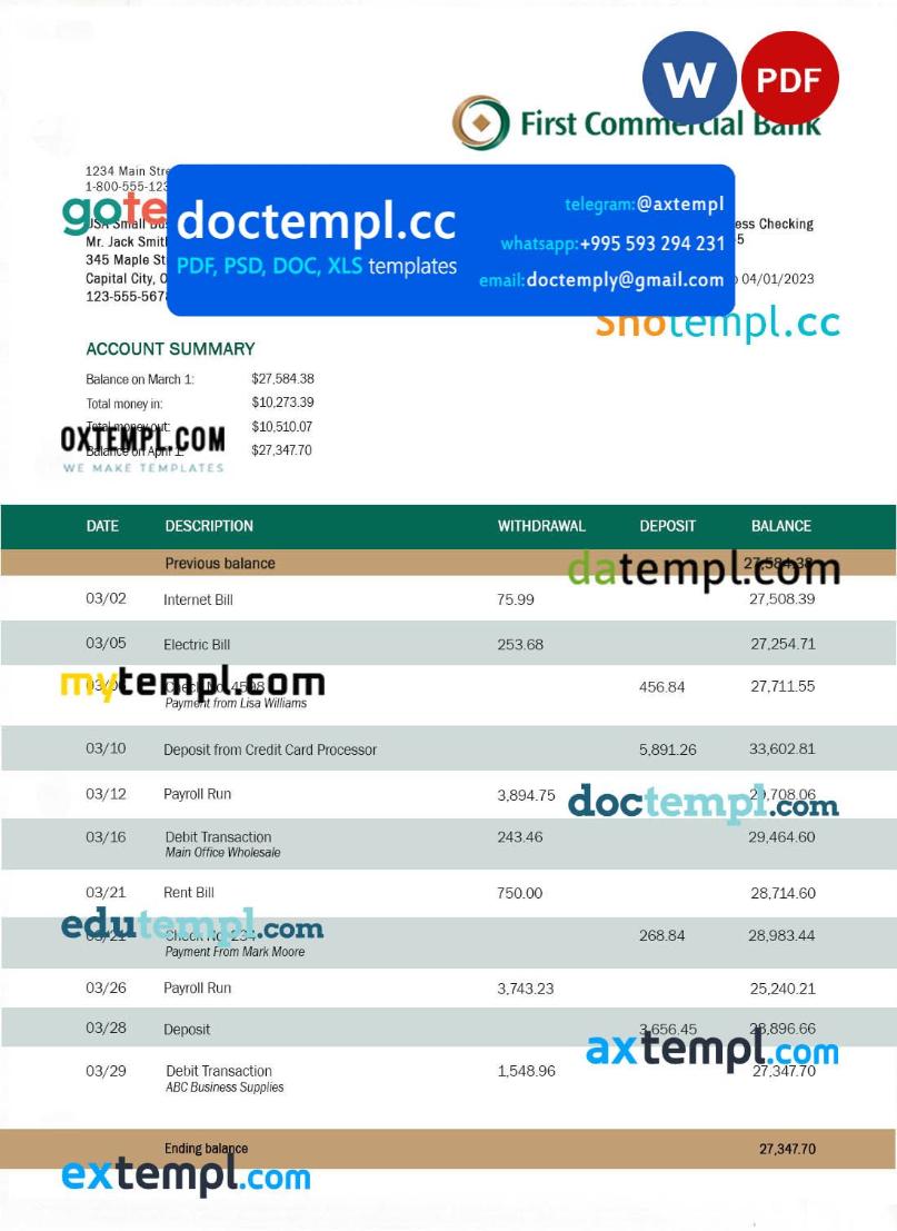 First Commercial Bank company statement Word and PDF template