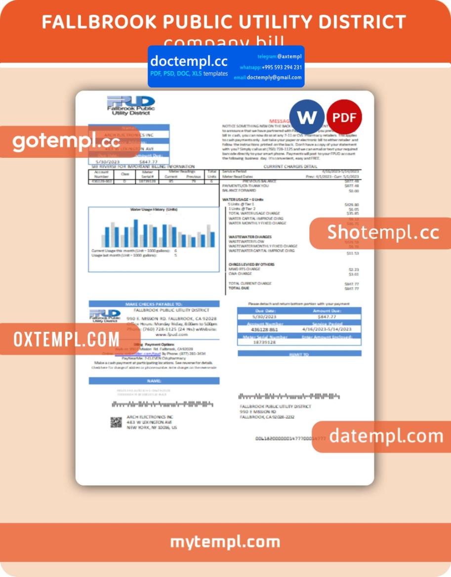 Fallbrook Public Utility District business utility bill, Word and PDF template, 2 pages