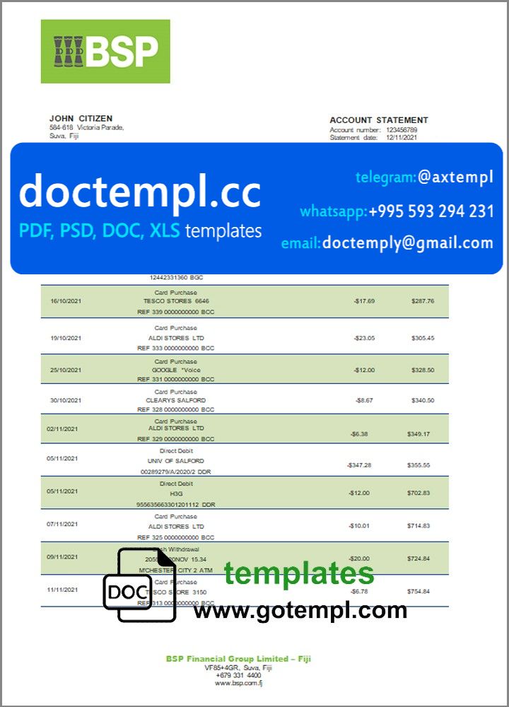 Fiji Bank of South Pacific bank statement template in Word and PDF format