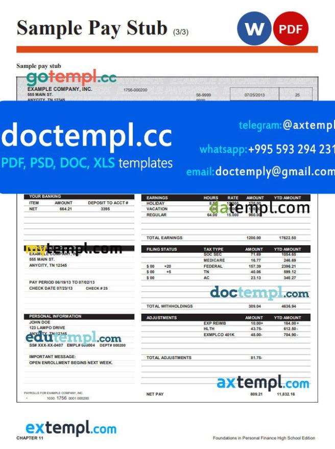 Foundations in Personal Finance High School pay stub Word and PDF template