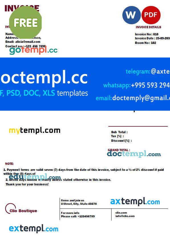 Free Boutique Invoice template in word and pdf format