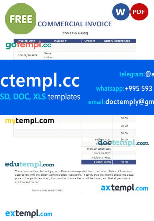 Free Commercial Invoice template in word and pdf format