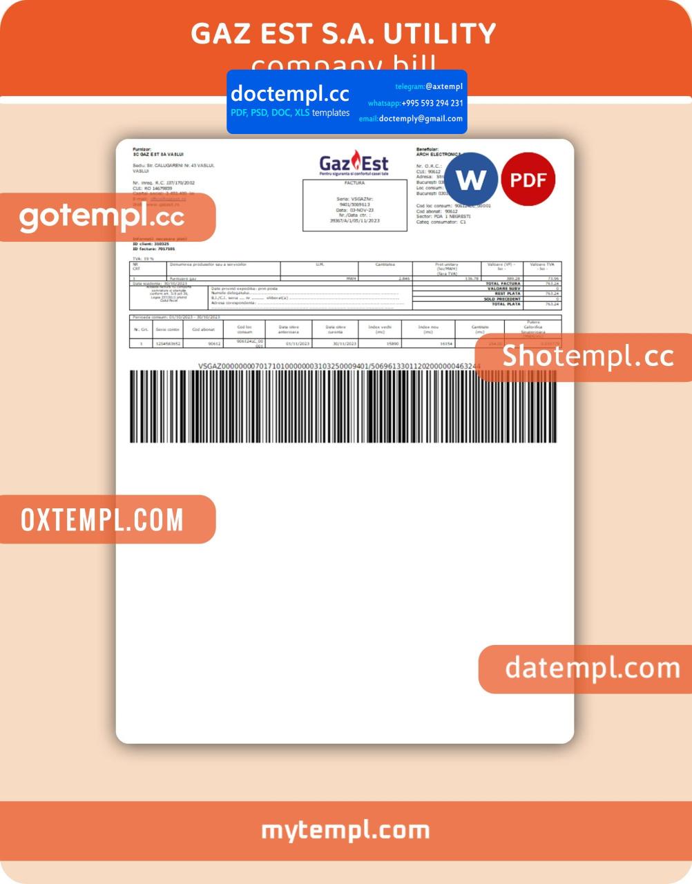 Gaz Est S.A. business utility bill, Word and PDF template