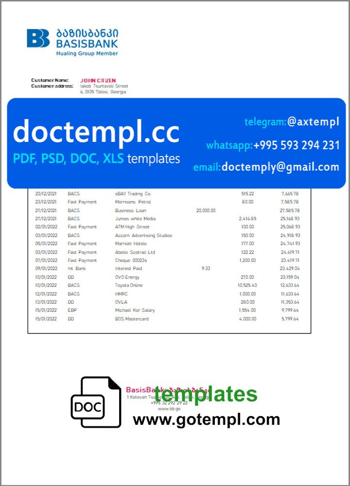 Georgia Basis Bank statement template in Word and PDF format