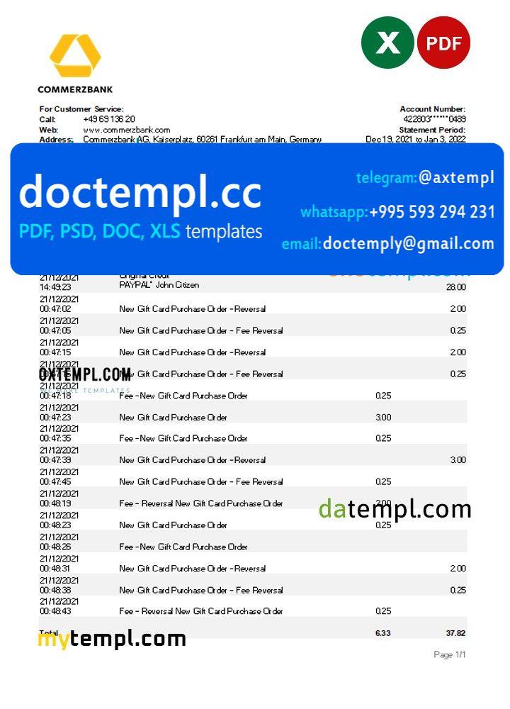 Germany Commerzbank statement Excel and PDF template