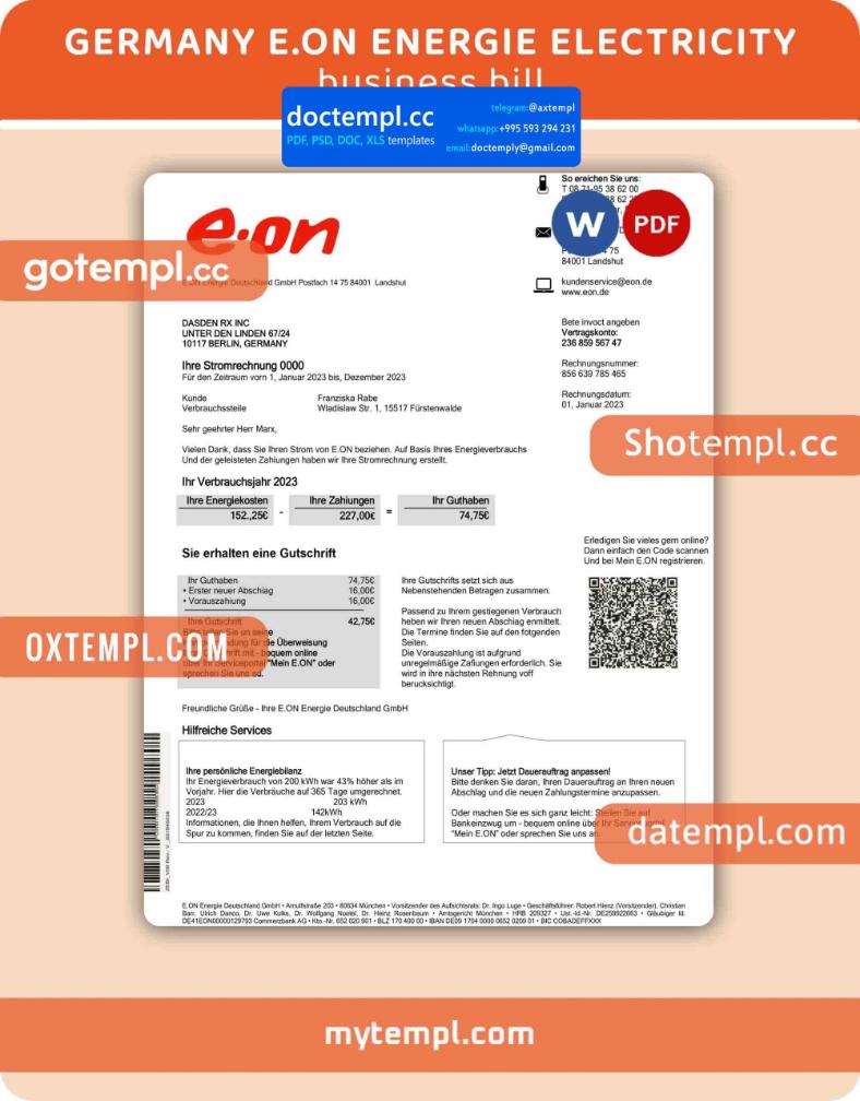 Germany E.ON Energie electricity business utility bill, Word and PDF ...