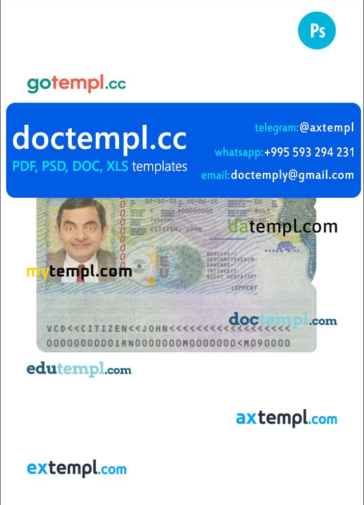 Germany Schengen visa template in PSD format, 2 PSD files fully editable, 2018 - present