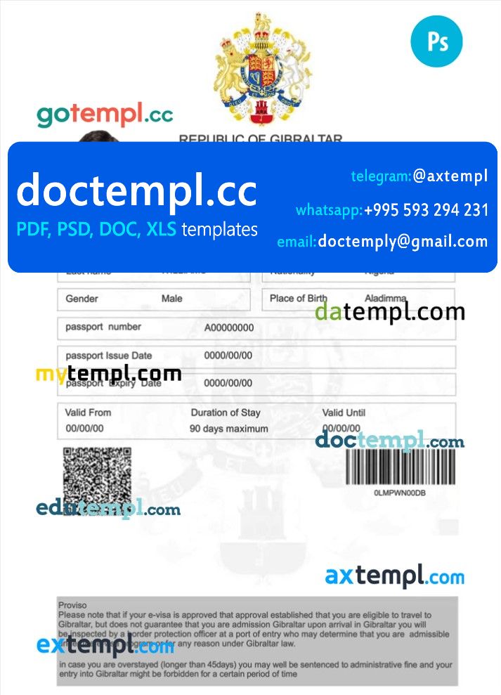 Gibraltar electronic visa PSD template, completely editable