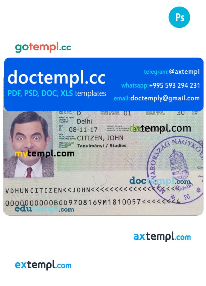 Hungary travel visa PSD template, with fonts