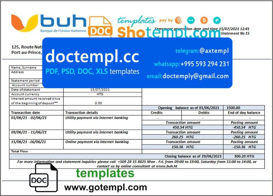 Haiti BUH bank statement template in Word and PDF format