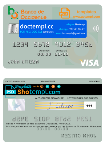 Honduras Banco de Occidente visa card fully editable template in PSD format