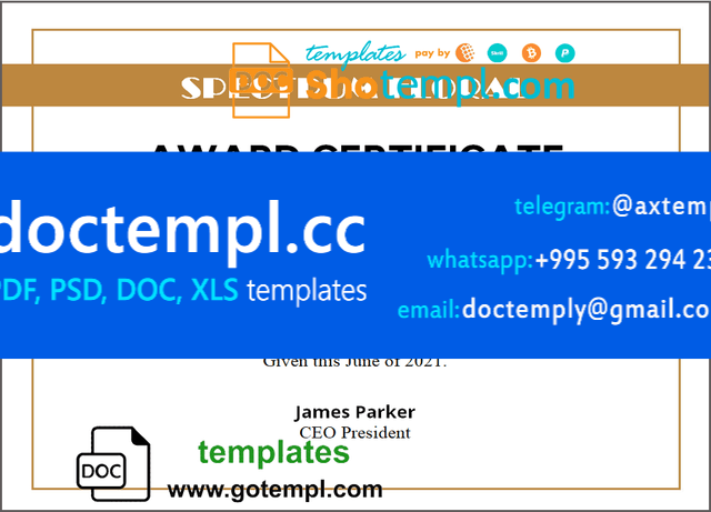 USA Award certificate template in Word and PDF format