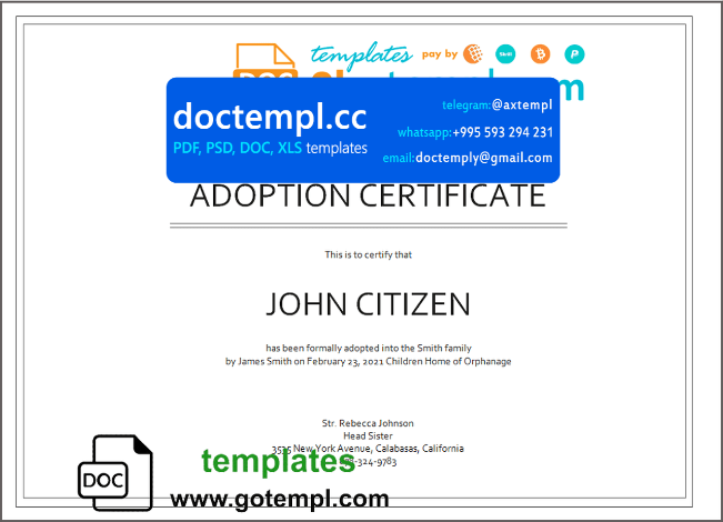 USA Adoption certificate template in Word and PDF format