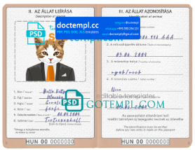 Hungary cat (animal, pet) passport PSD template, fully editable