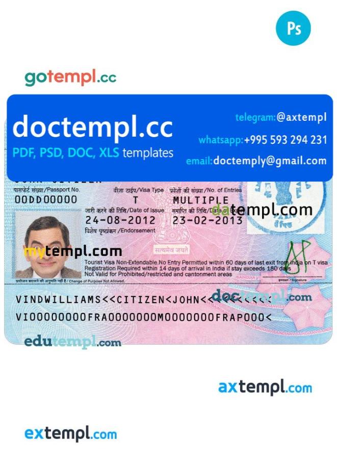 India tourist visa PSD template, completely editable, with fonts