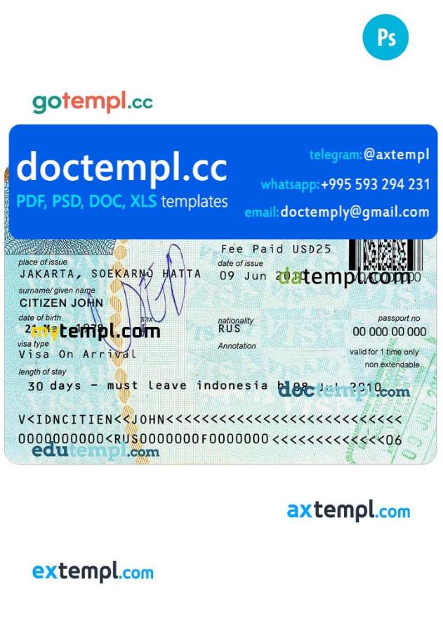 Indonesia travel visa PSD template, with fonts