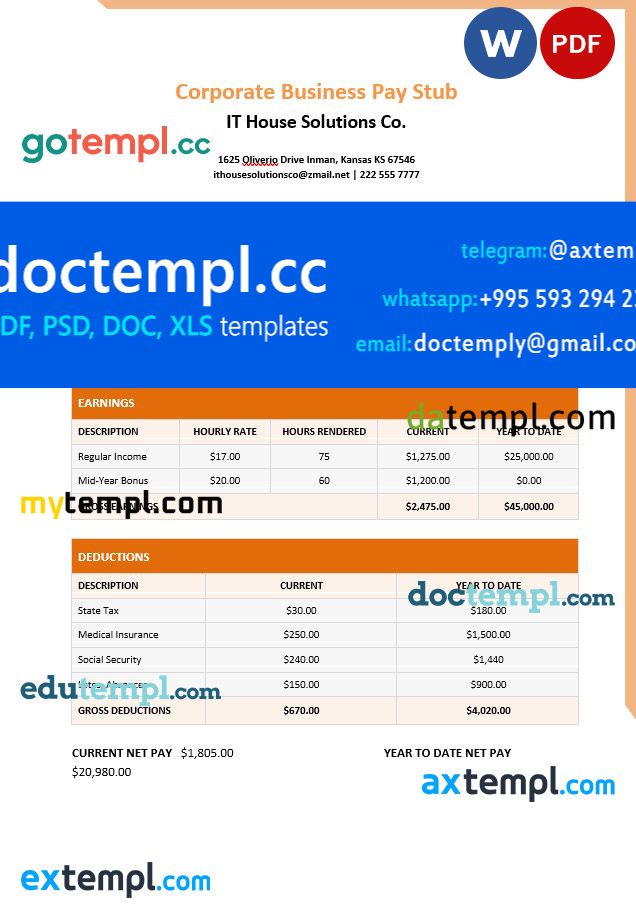 IT house solutions Co. pay stub template in PDf and Word formats