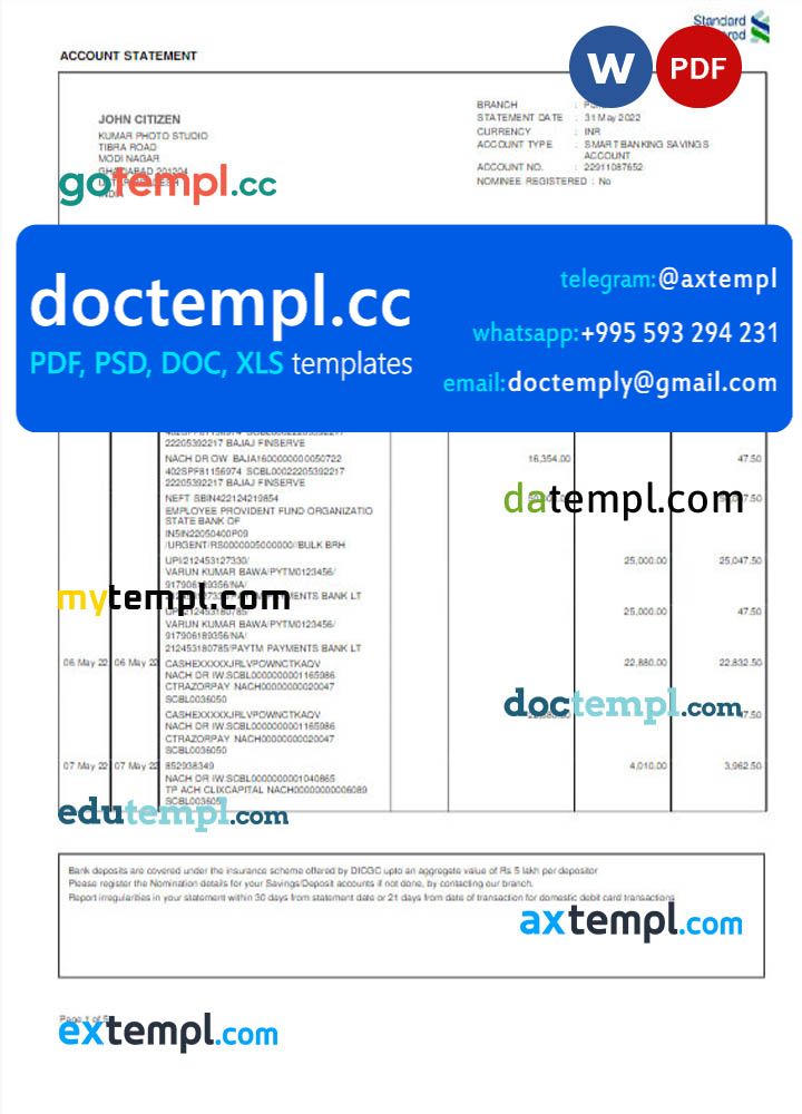 INDIA STANDARD CHARTERED bank statement Word and PDF template