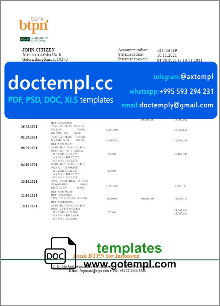 Indonesia BTPN proof of address bank statement in Word and PDF format