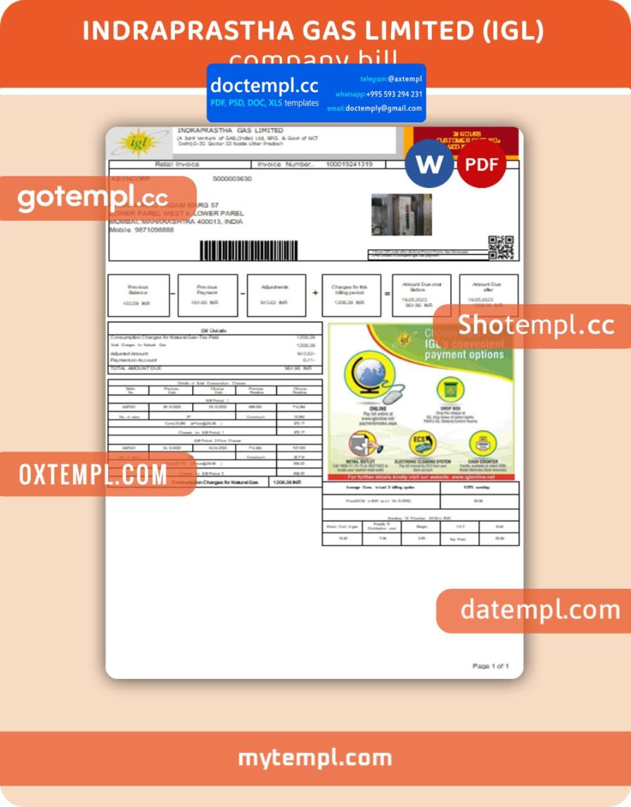 Indraprastha Gas Limited (IGL) business utility bill, Word and PDF template, 2 pages