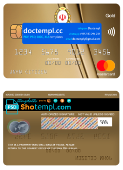 Iran Melli bank mastercard gold, fully editable template in PSD format