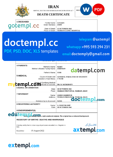 Iran death certificate Word and PDF template, completely editable
