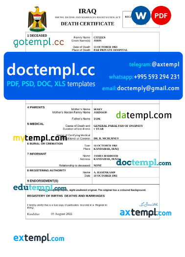 Iraq vital record death certificate Word and PDF template