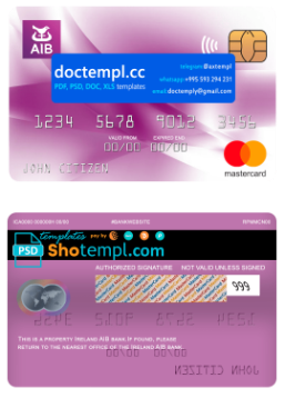Ireland AIB bank mastercard, fully editable template in PSD format