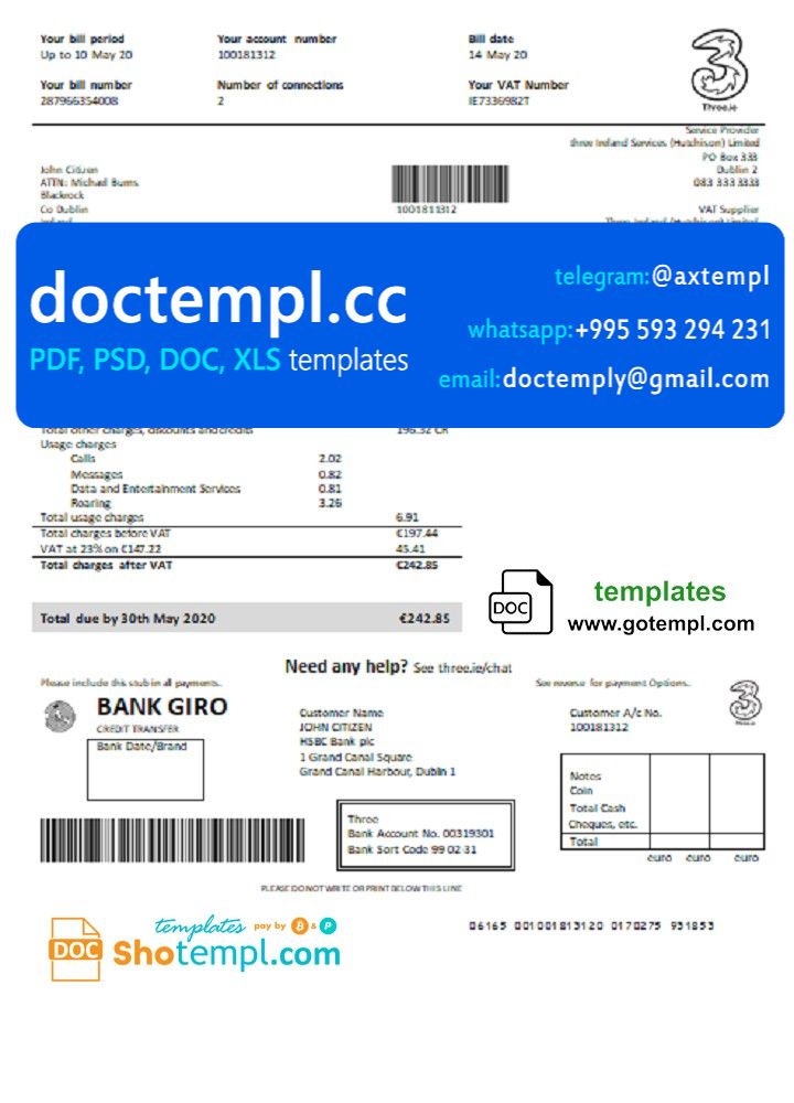 Ireland Three.ie utility bill template in Word and PDF format