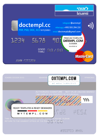 Israel Bank Leumi mastercard template in PSD format, fully editable