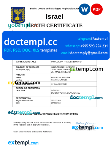 Israel death certificate Word and PDF template, completely editable
