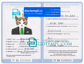 Italy cat (animal, pet) passport PSD template, fully editable