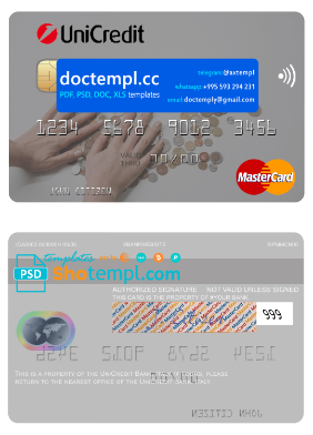 Italy UniCredit Bank mastercard fully editable template in PSD format