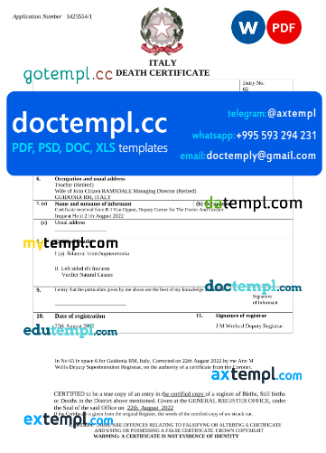 Italy vital record death certificate Word and PDF template