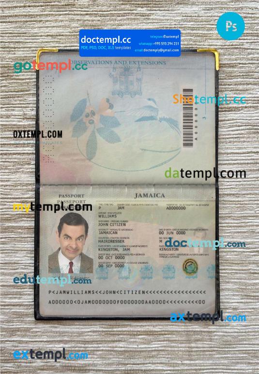 Jamaica passport editable PSD files, scan and photo look templates, 2 in 1