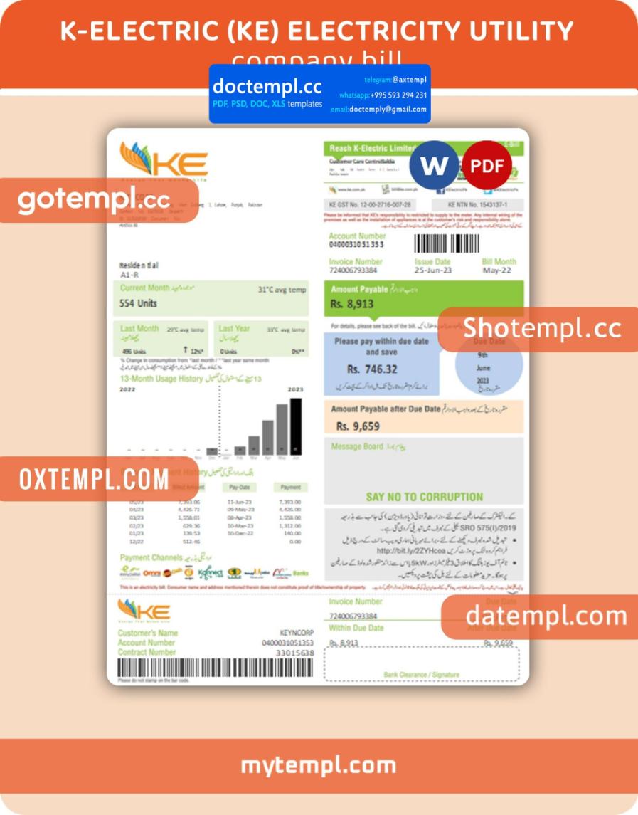 K-Electric (KE) electricity business utility bill, Word and PDF template, 2 pages