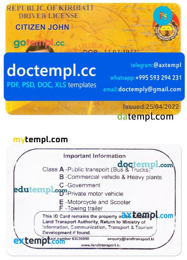 Kiribati driving license template in PSD format, fully editable
